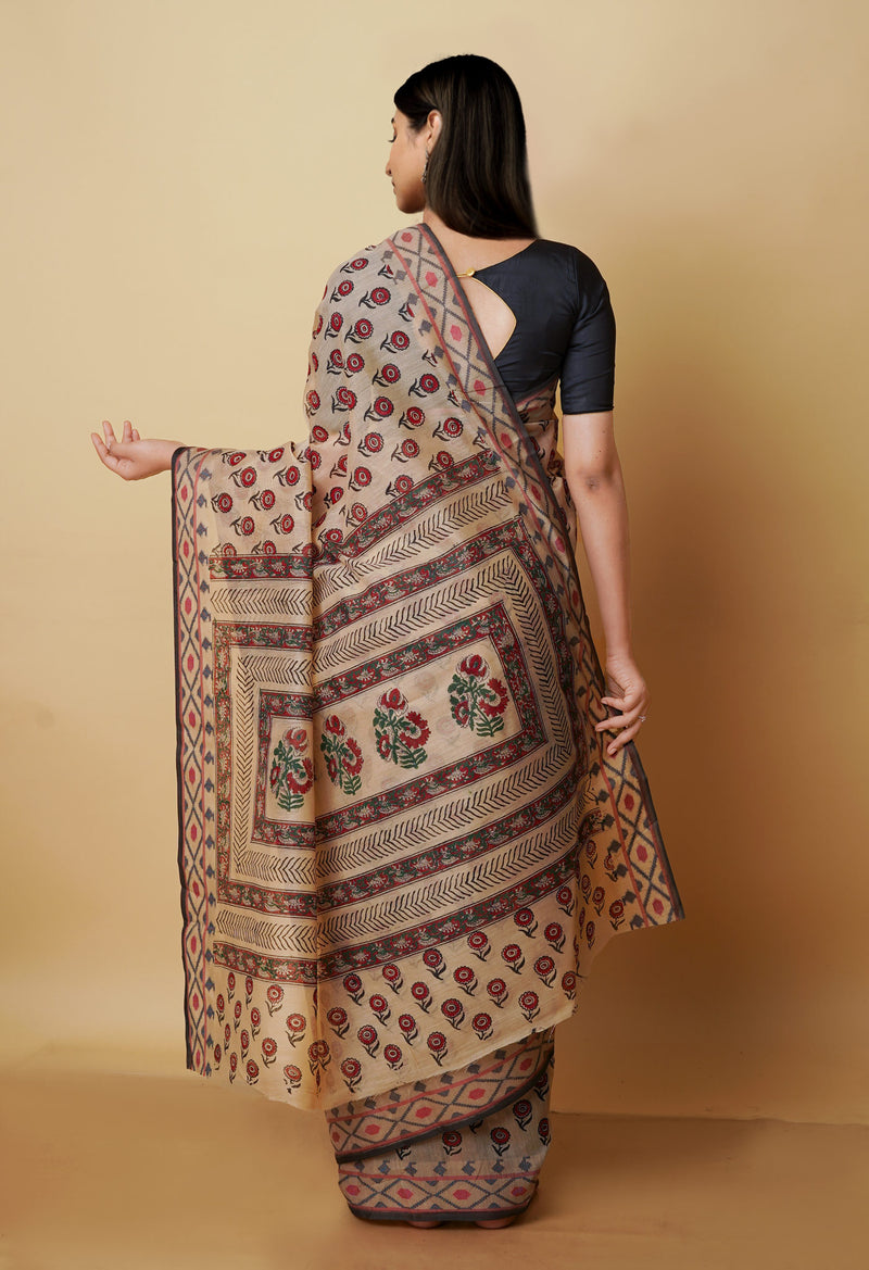 Cream  Chanderi Block Printed Sico Saree-UNM70583