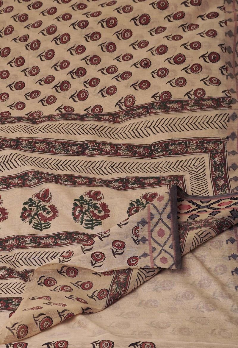 Cream  Chanderi Block Printed Sico Saree-UNM70583