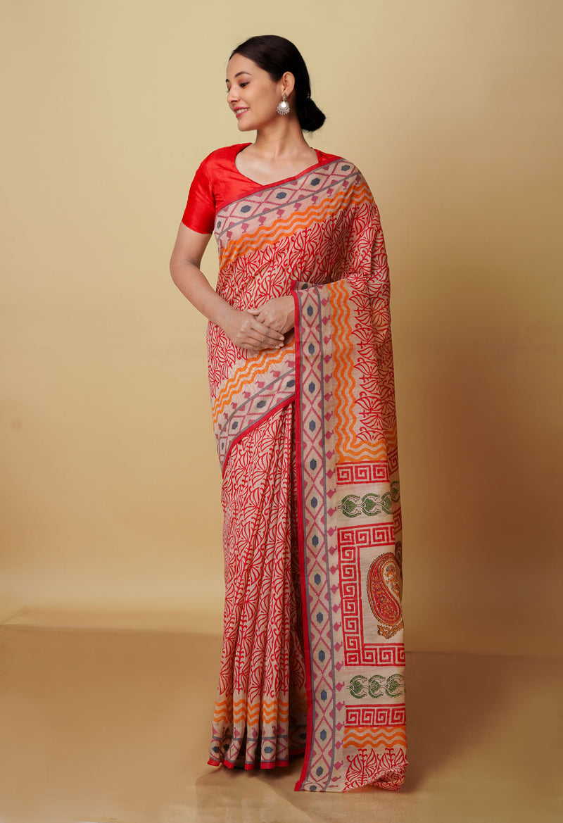 Cream  Chanderi Block Printed Sico Saree-UNM70594