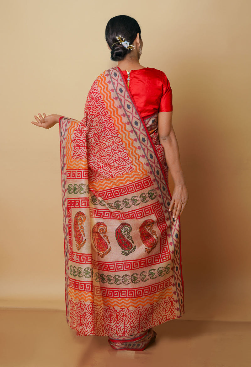 Cream  Chanderi Block Printed Sico Saree-UNM70594