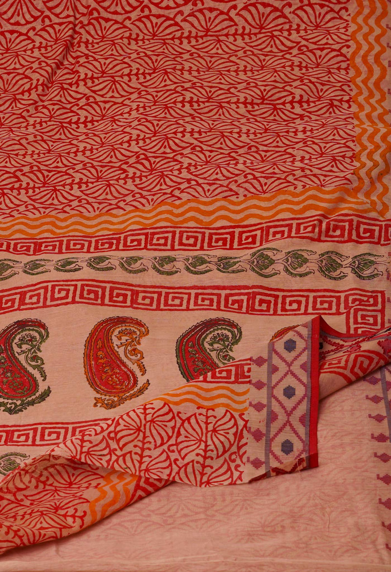 Cream  Chanderi Block Printed Sico Saree-UNM70594