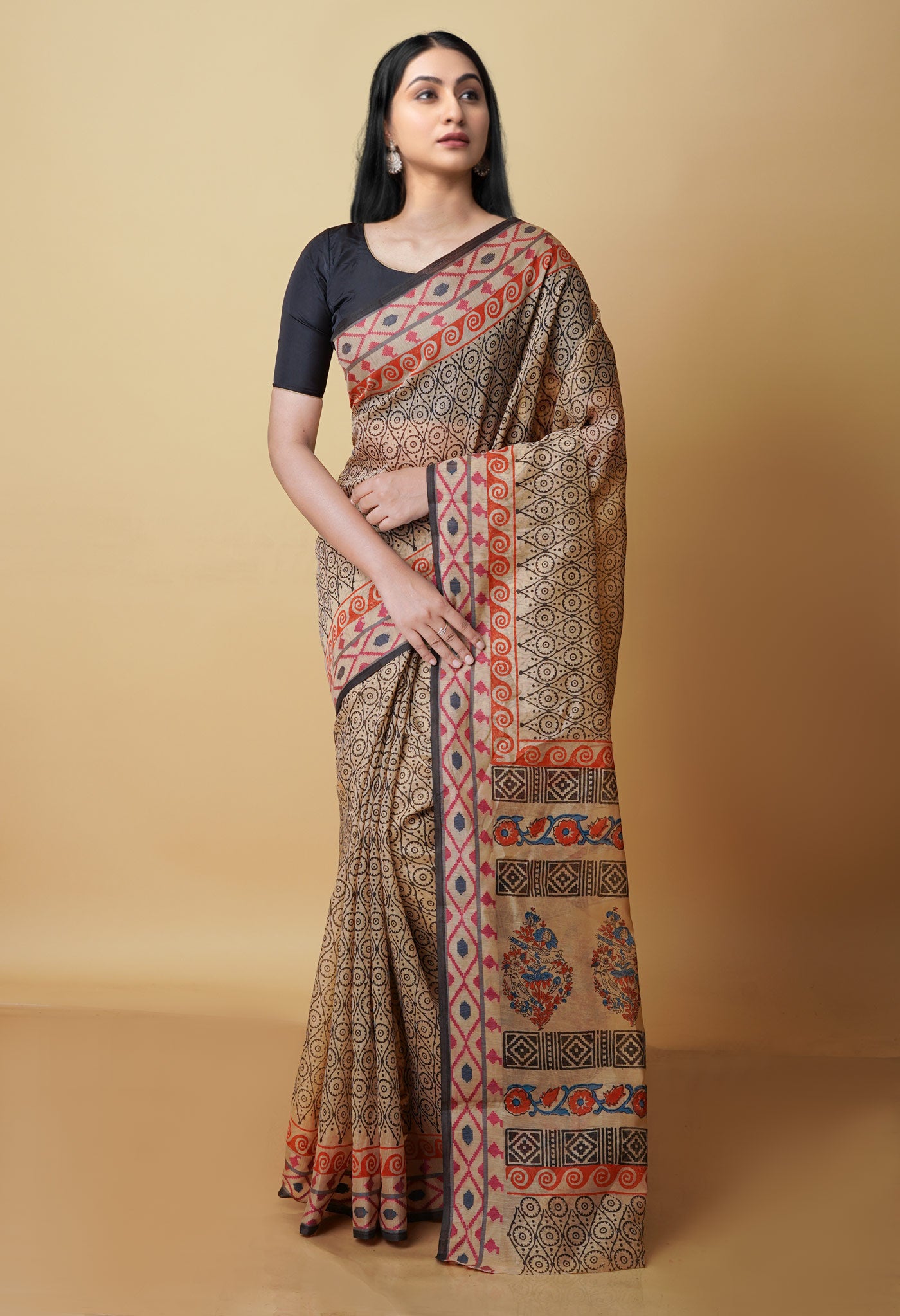 Cream  Chanderi Block Printed Sico Saree-UNM70595