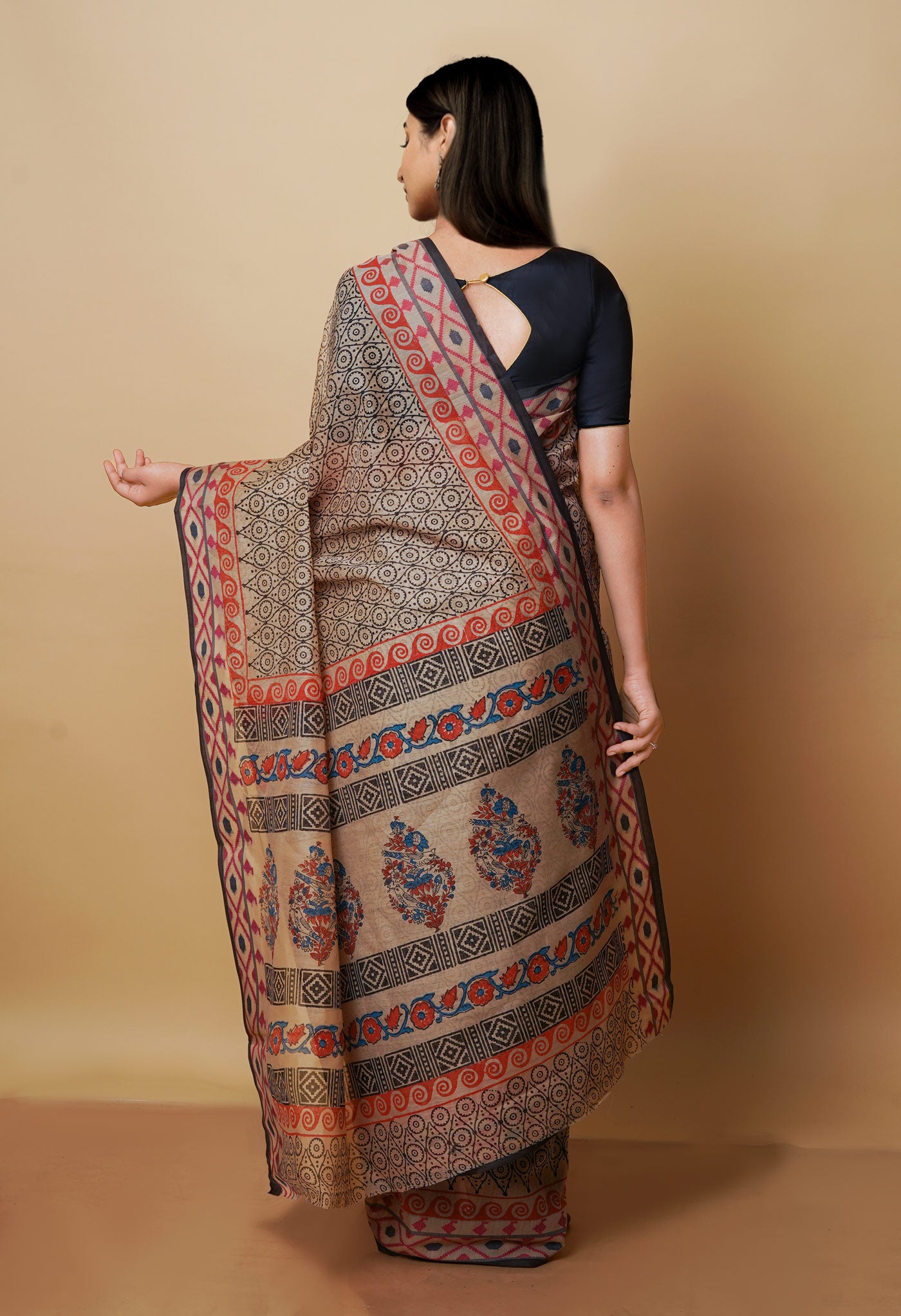 Cream  Chanderi Block Printed Sico Saree-UNM70595