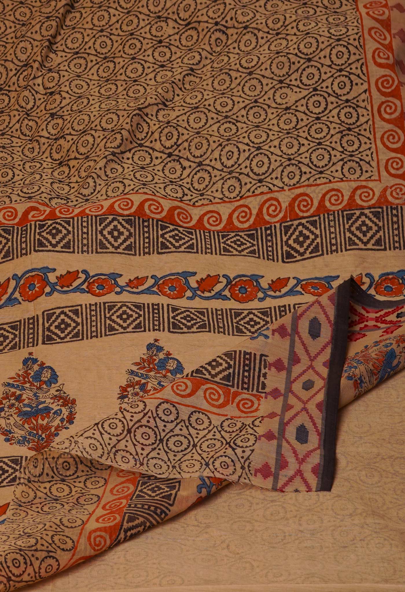 Cream  Chanderi Block Printed Sico Saree-UNM70595