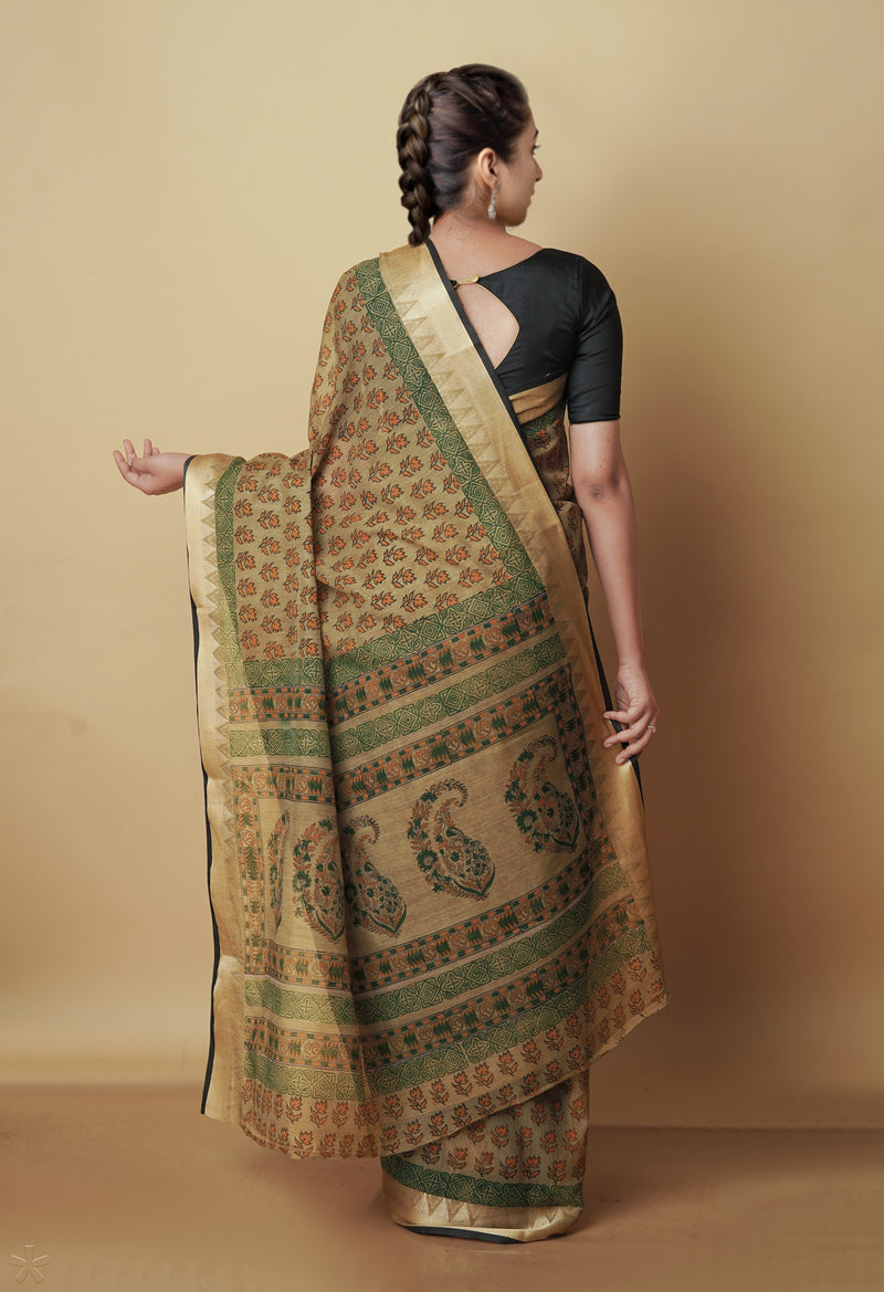 Light Brown  Chanderi Block Printed Sico Saree-UNM70599