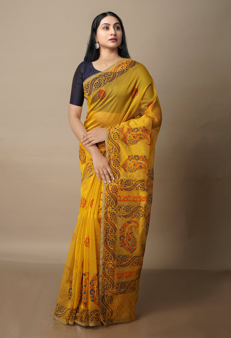 Yellow  Block Printed Meghalaya  Supernet Saree With Ajrakh Blouse Piece-UNM70628