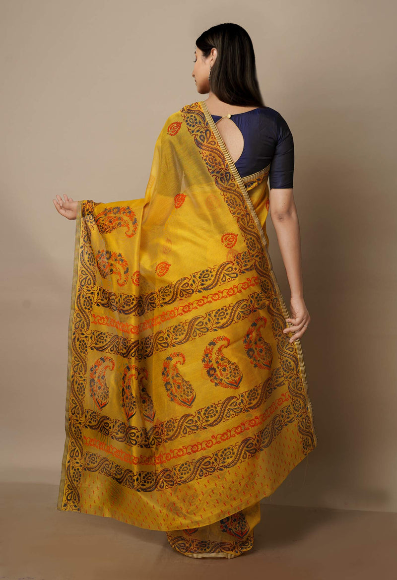 Yellow  Block Printed Meghalaya  Supernet Saree With Ajrakh Blouse Piece-UNM70628