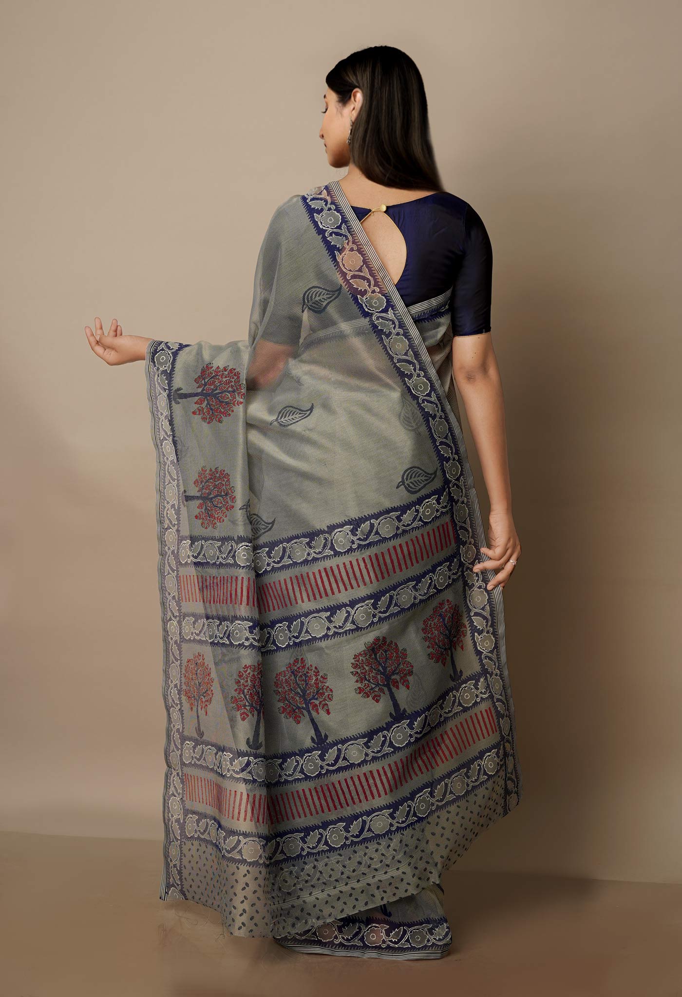 Grey Block Printed Meghalaya  Cotton Silk Saree With Ajrakh Blouse Piece-UNM70629
