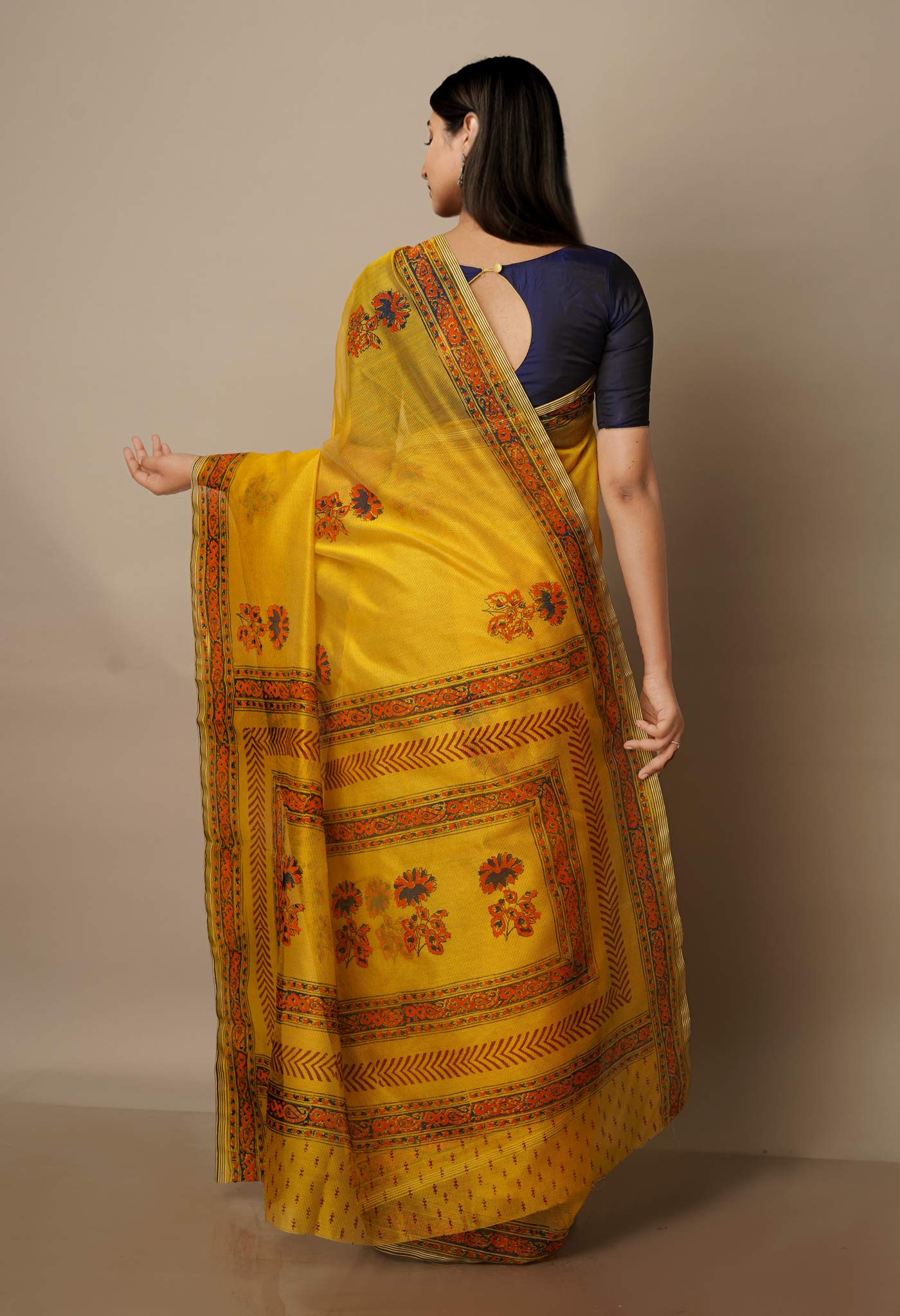 Yellow Block Printed Meghalaya  Supernet  Saree With Ajrakh Blouse Piece-UNM70630