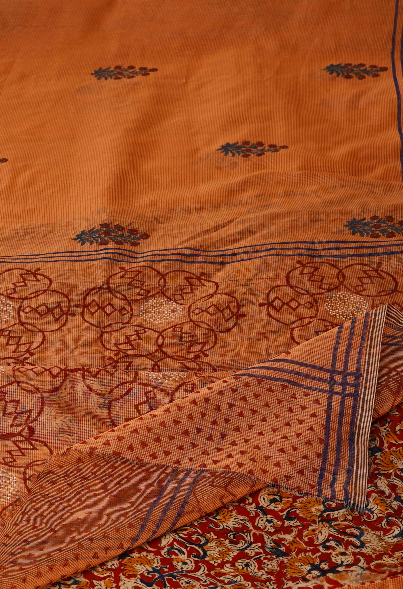 Salmon Orange Block Printed Meghalaya  Supernet  Saree With Kalamkari Blouse Piece-UNM70635