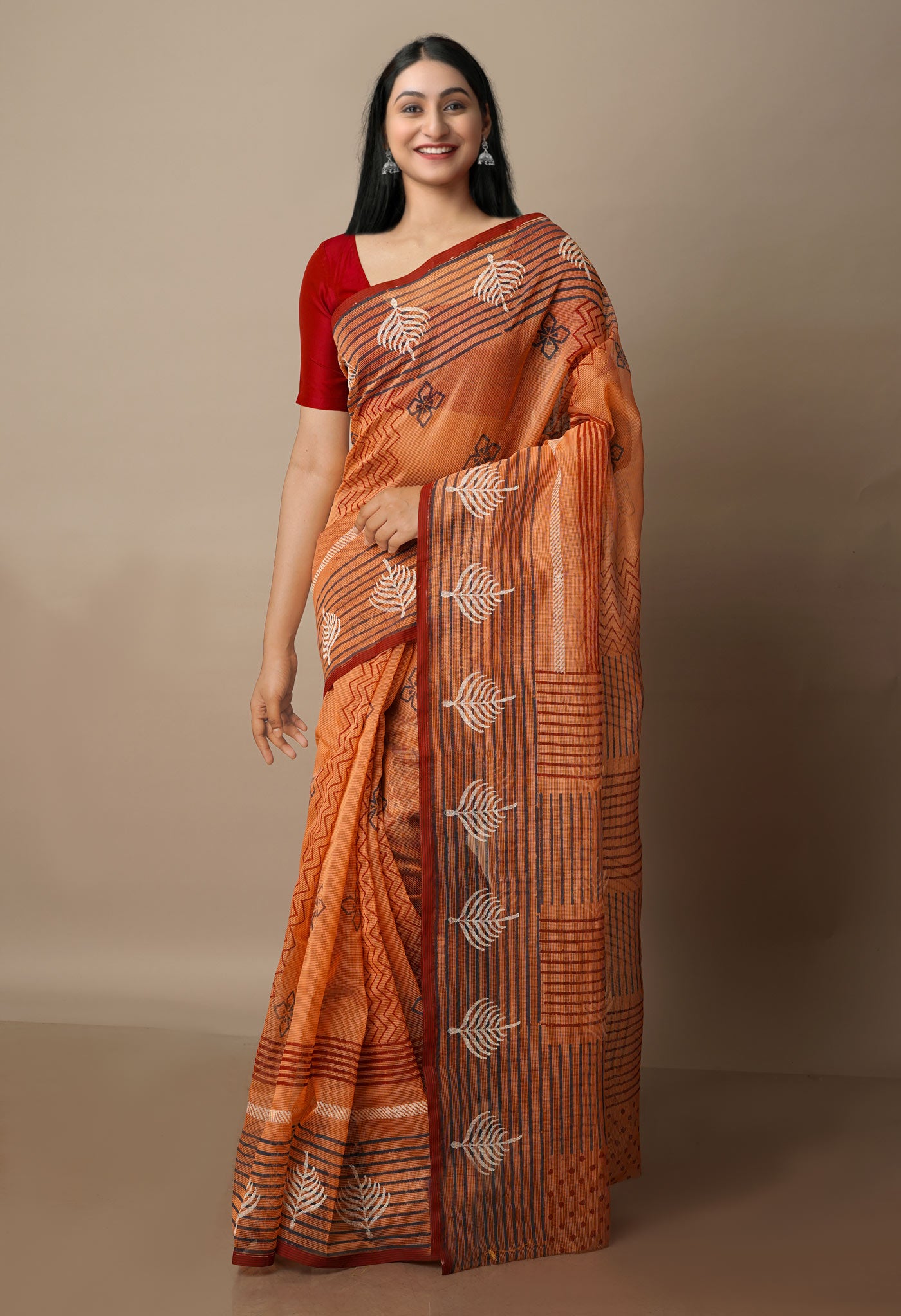 Salmon Orange Block Printed Meghalaya  Supernet  Saree With Kalamkari Blouse Piece-UNM70636