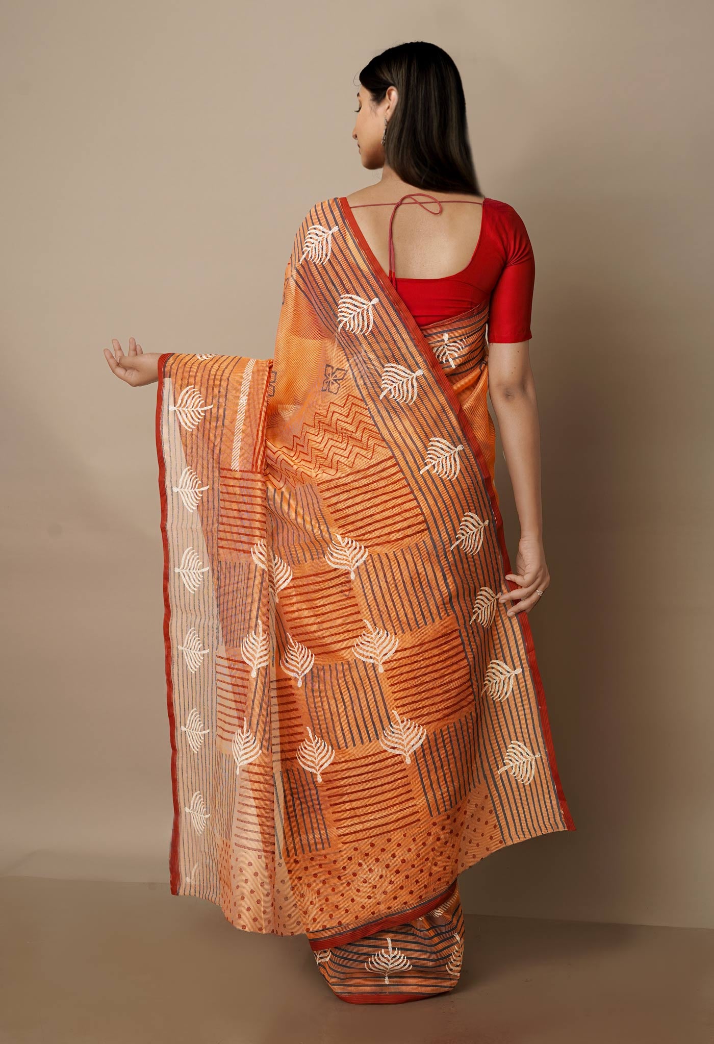 Salmon Orange Block Printed Meghalaya  Supernet  Saree With Kalamkari Blouse Piece-UNM70636