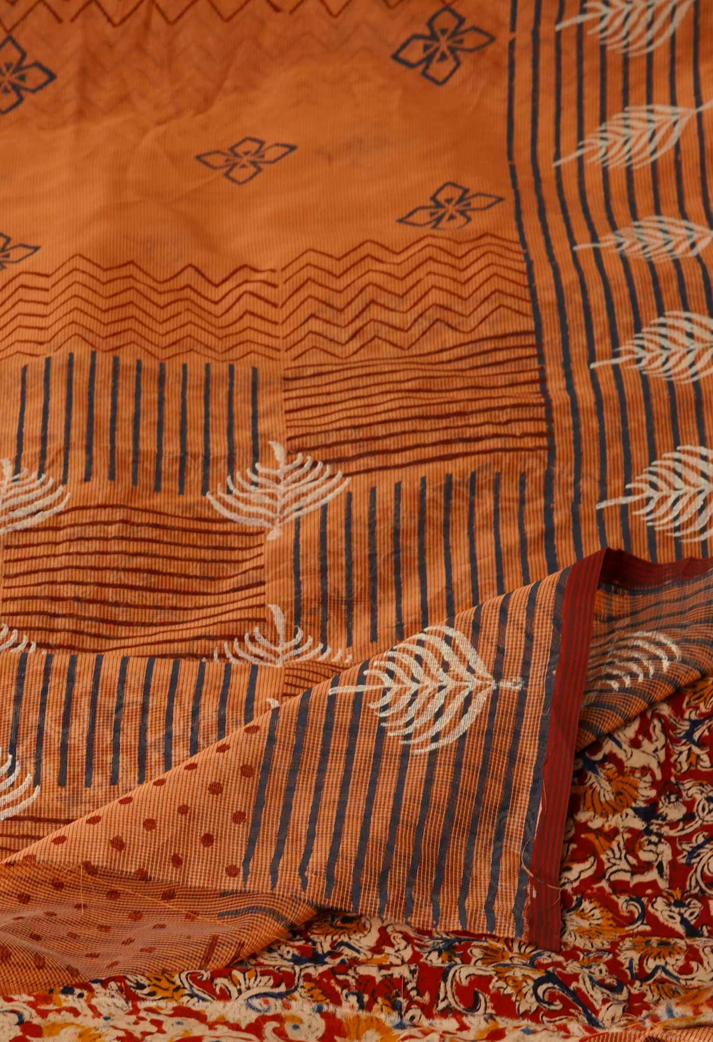 Salmon Orange Block Printed Meghalaya  Supernet  Saree With Kalamkari Blouse Piece-UNM70636