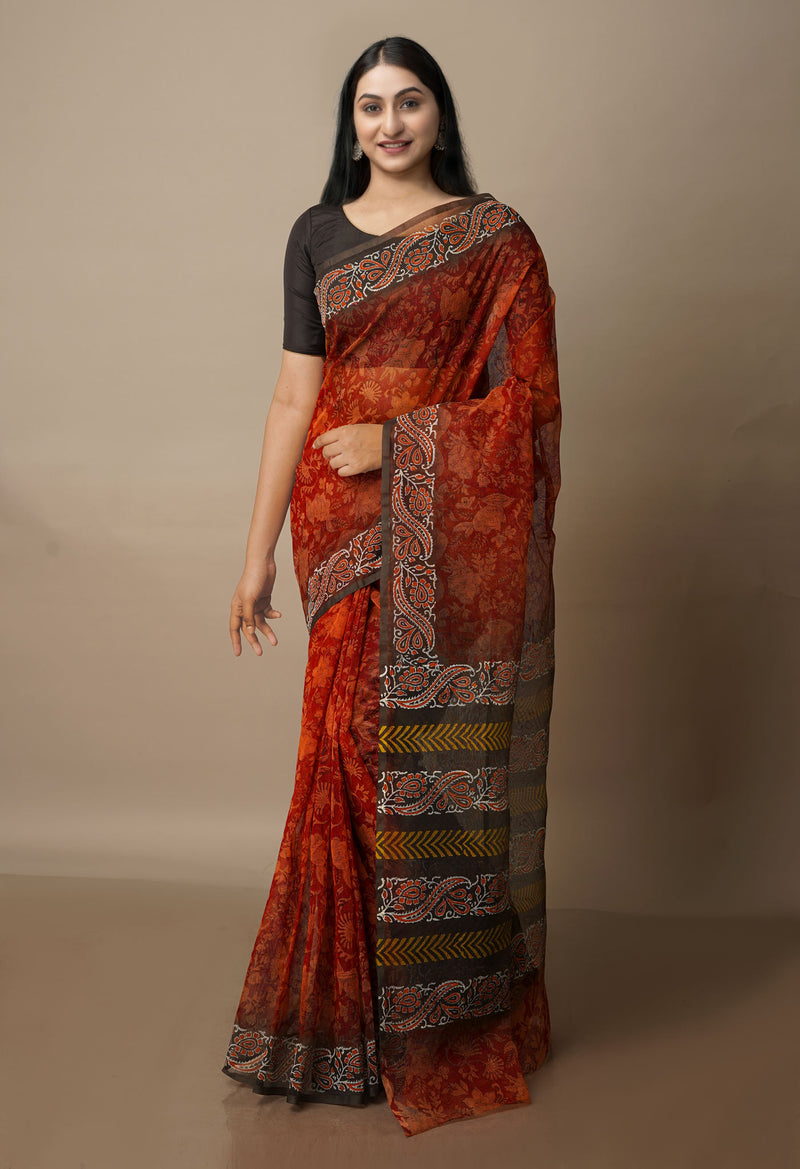 Brown  Block Printed Meghalaya  Cotton Silk Saree With Pochampally Blouse Piece-UNM70637