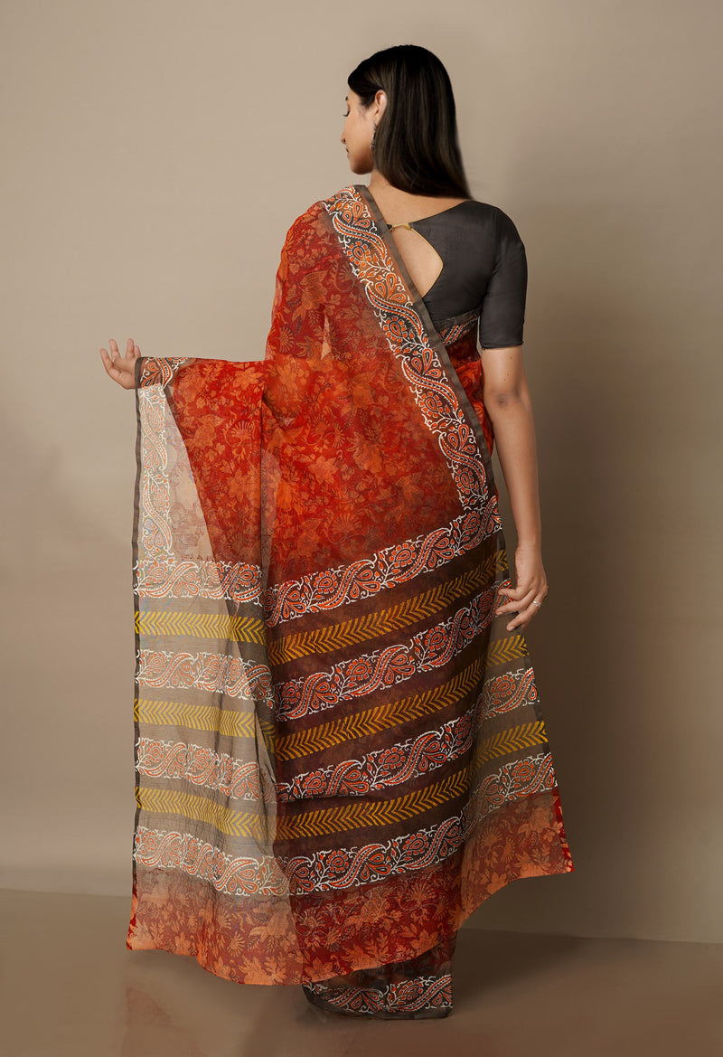 Brown  Block Printed Meghalaya  Cotton Silk Saree With Pochampally Blouse Piece-UNM70637