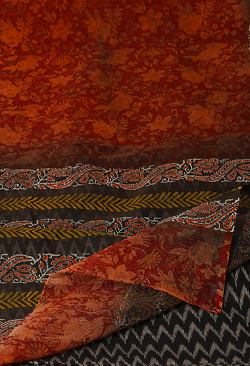 Brown  Block Printed Meghalaya  Cotton Silk Saree With Pochampally Blouse Piece-UNM70637