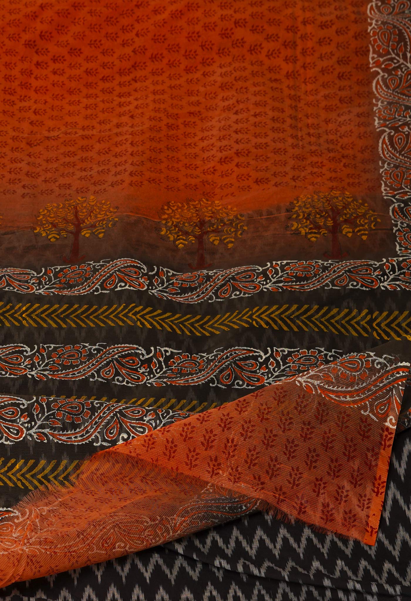 Salmon Orange  Block Printed Meghalaya  Supernet  Saree With Pochampally Blouse Piece-UNM70639