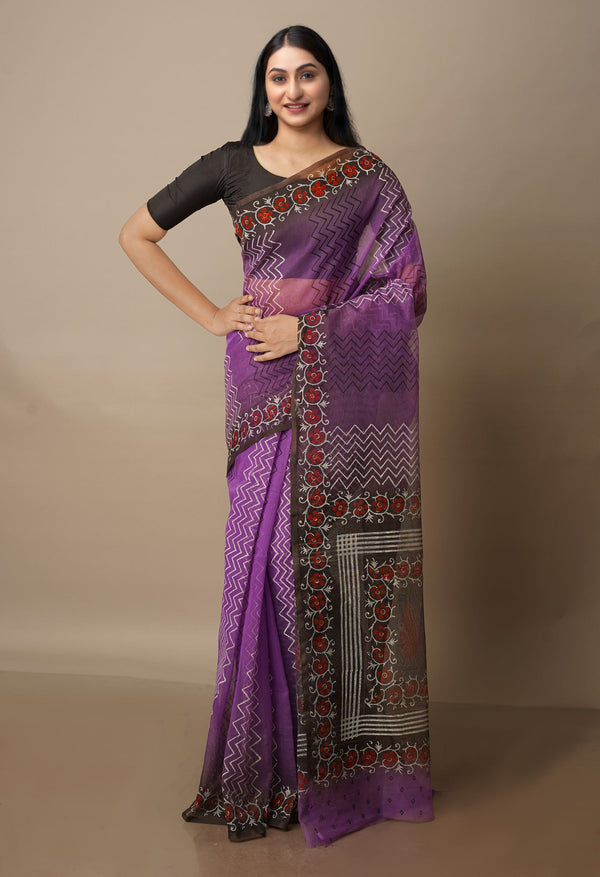Purple Block Printed Meghalaya  Supernet  Saree With Pochampally Blouse Piece-UNM70640