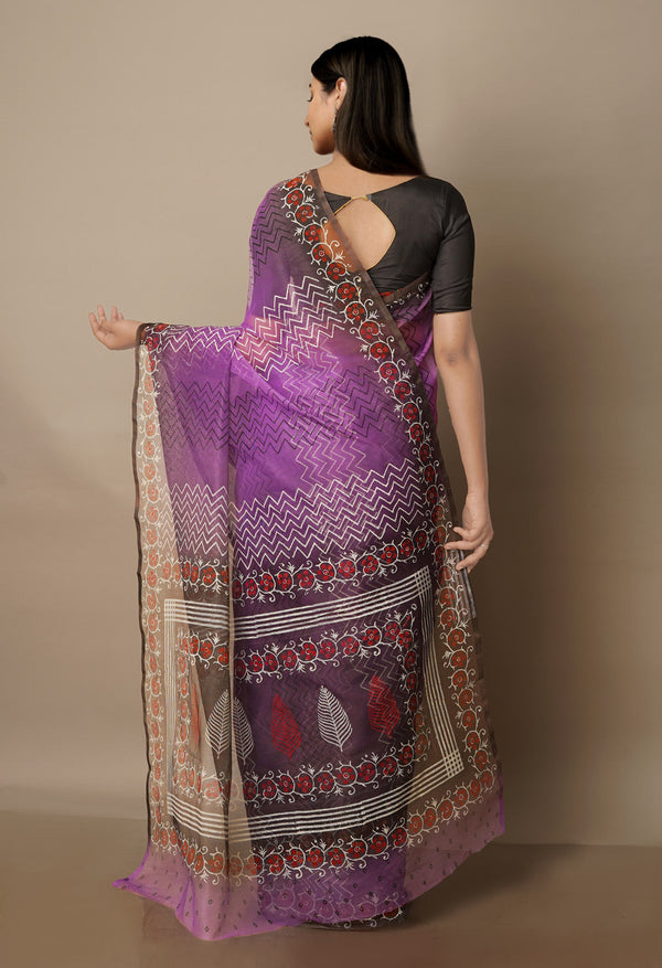 Purple Block Printed Meghalaya  Supernet  Saree With Pochampally Blouse Piece-UNM70640