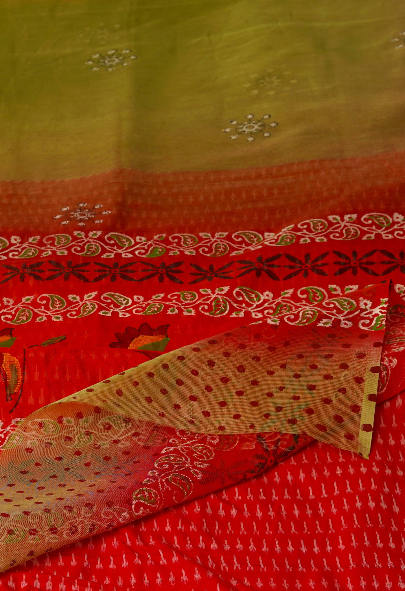 Light Green  Banarasi Block Printed Meghalaya  Cotton Silk Saree With Pochampally Blouse Piece-UNM70641
