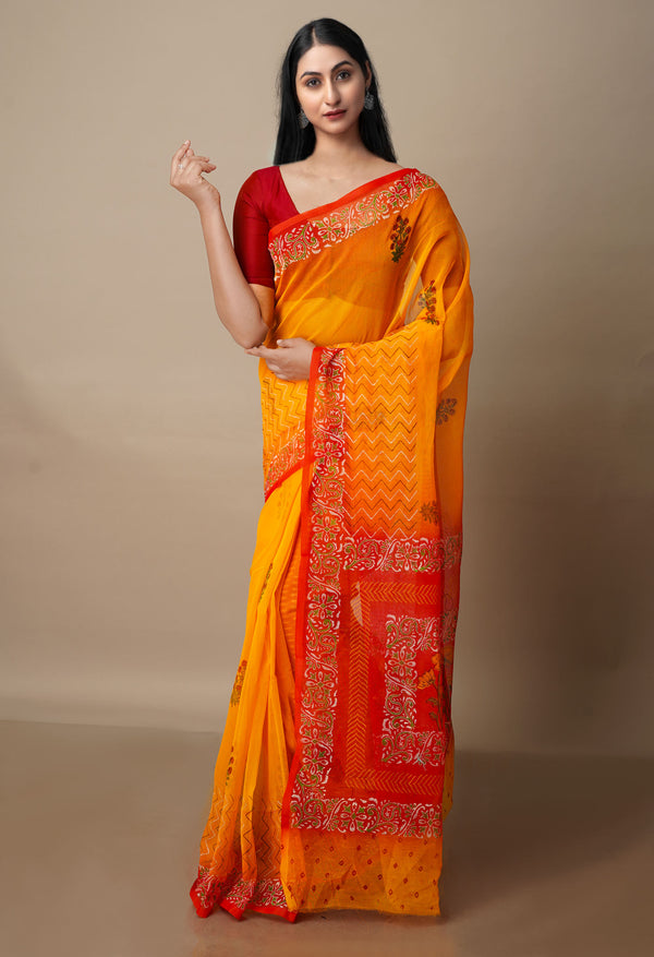 Yellow  Block Printed Meghalaya Supernet  Saree With Pochampally Blouse Piece-UNM70642