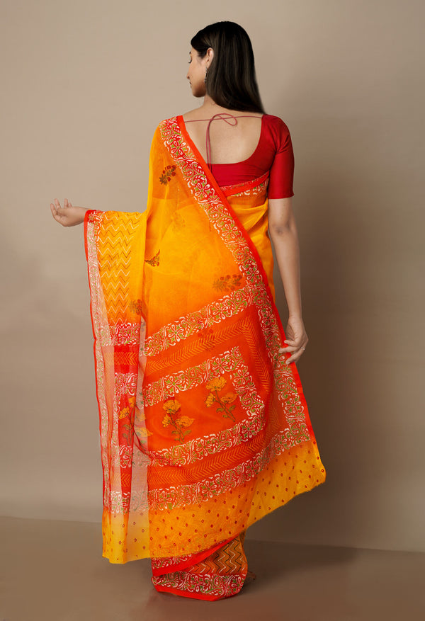 Yellow  Block Printed Meghalaya Supernet  Saree With Pochampally Blouse Piece-UNM70642