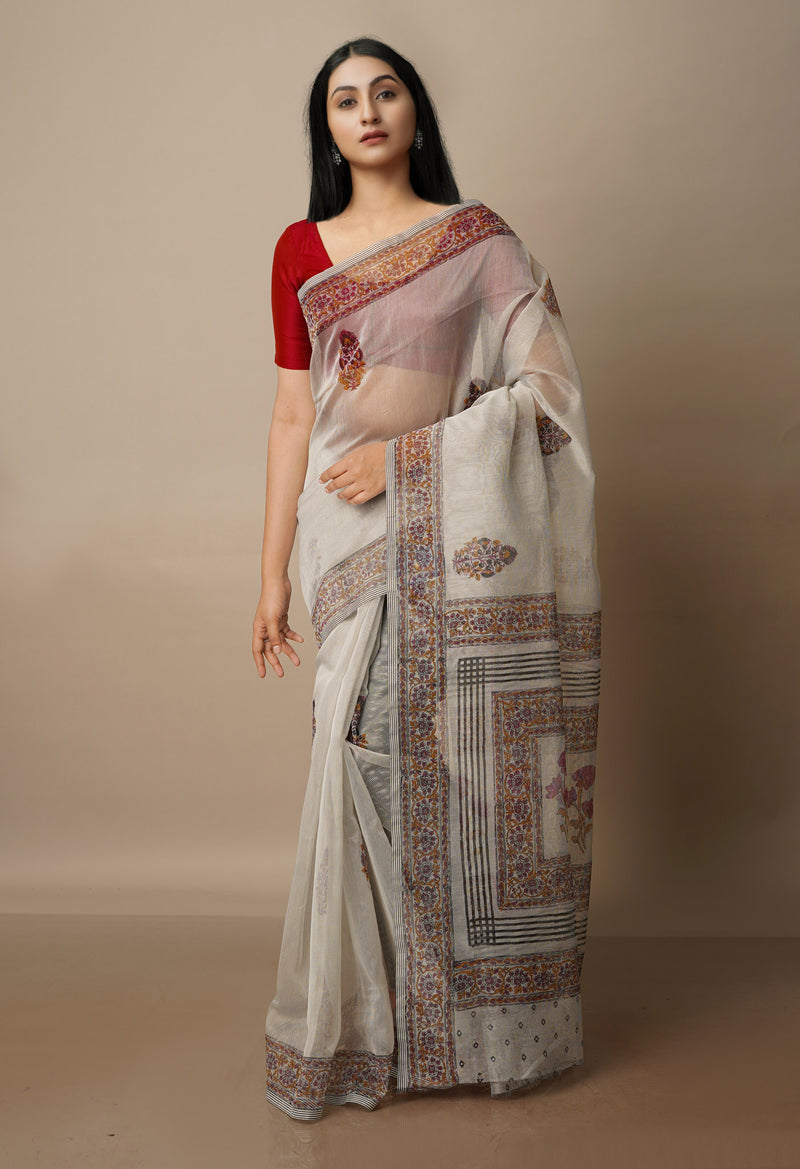 Pale Grey Block Printed Meghalaya  Cotton Silk Saree With Pochampally Blouse Piece-UNM70643