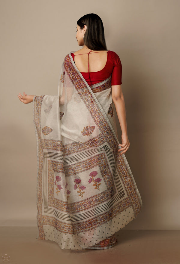 Pale Grey Block Printed Meghalaya  Cotton Silk Saree With Pochampally Blouse Piece-UNM70643