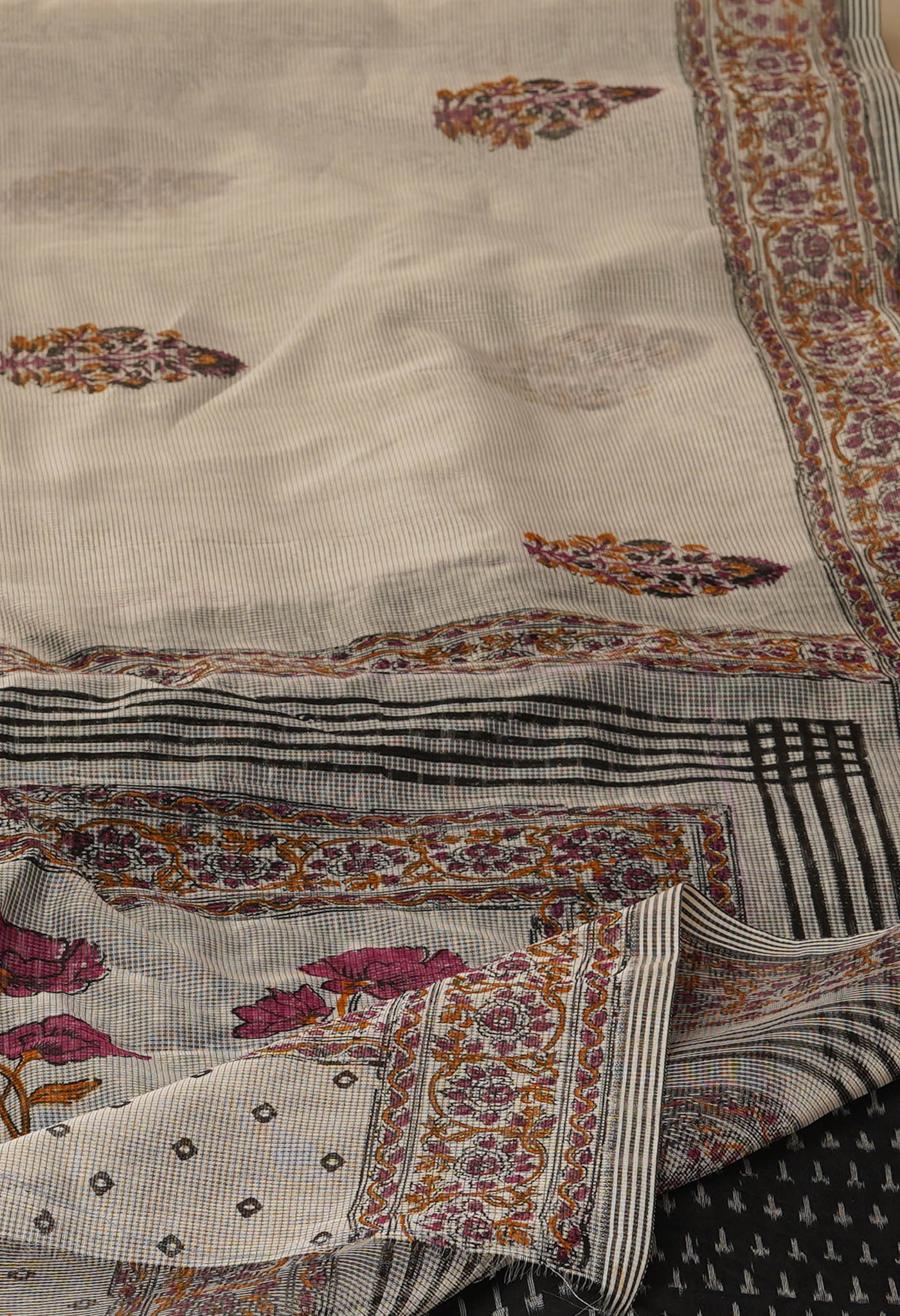Pale Grey Block Printed Meghalaya  Cotton Silk Saree With Pochampally Blouse Piece-UNM70643