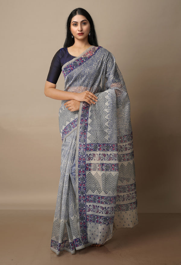 Pale Grey Block Printed Meghalaya Supernet Saree With Pochampally Blouse Piece-UNM70644