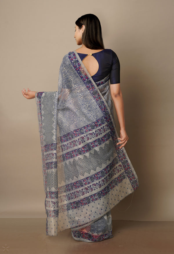 Pale Grey Block Printed Meghalaya Supernet Saree With Pochampally Blouse Piece-UNM70644