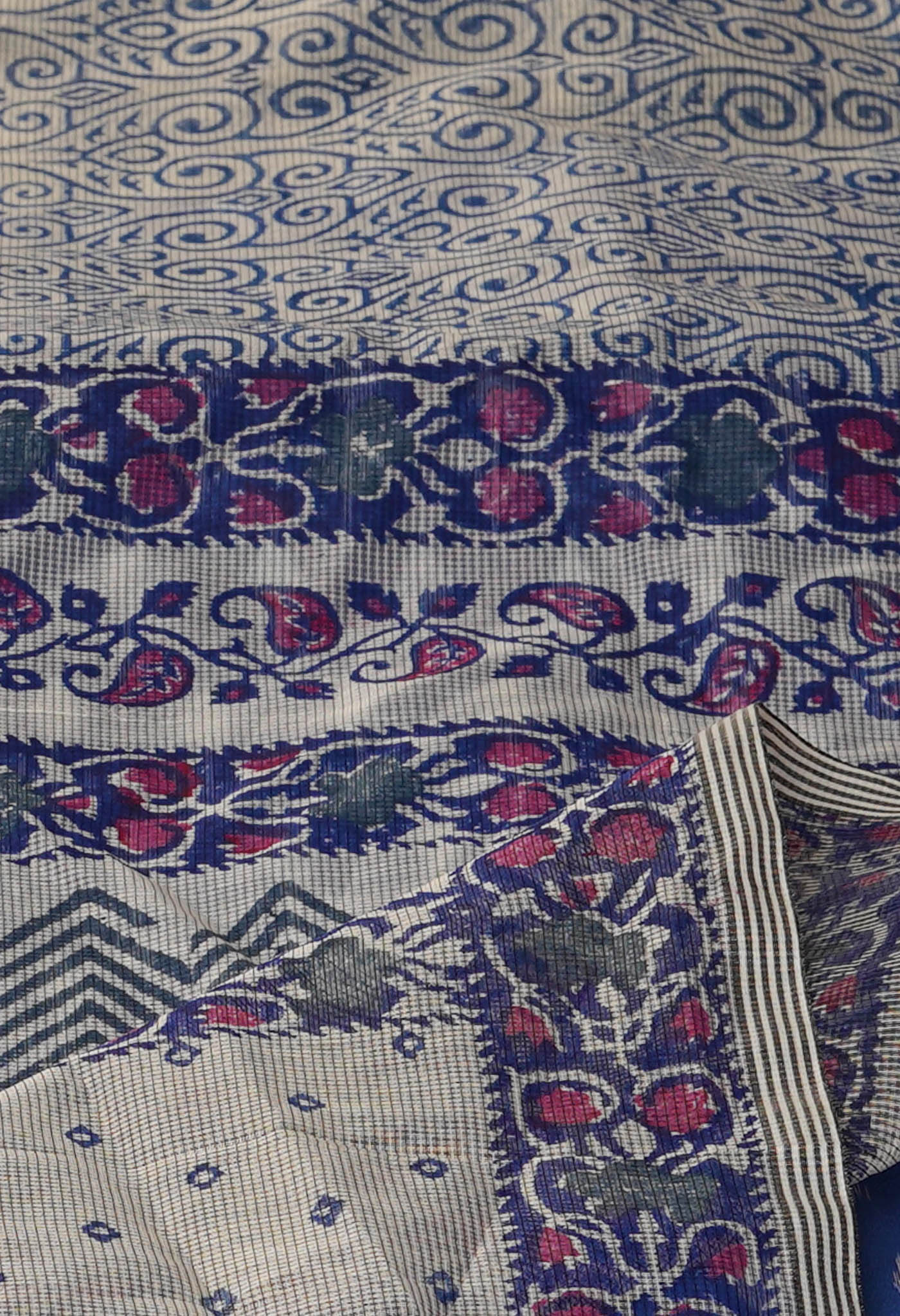 Pale Grey Block Printed Meghalaya Supernet Saree With Pochampally Blouse Piece-UNM70644