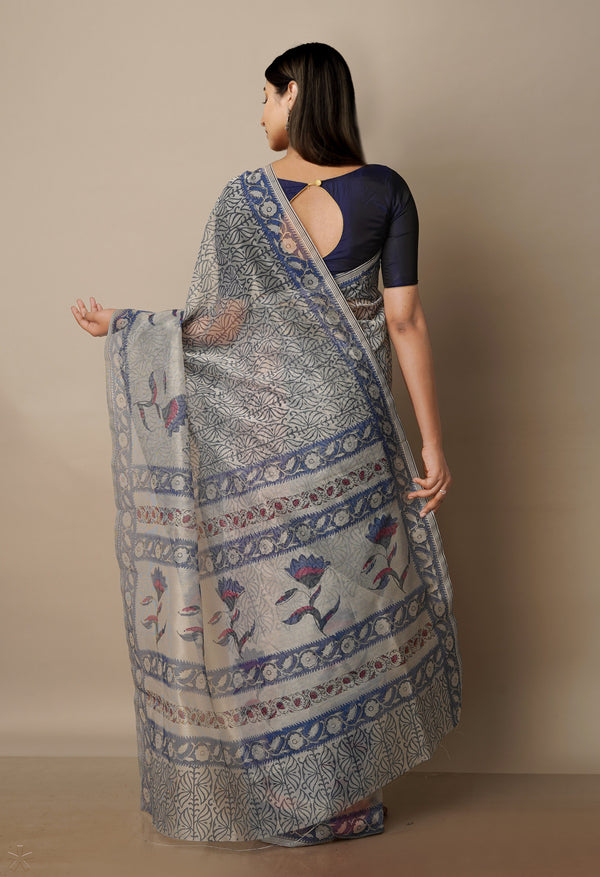 Pale Grey  Block Printed Meghalaya  Supernet  Saree With Pochampally Blouse Piece-UNM70645