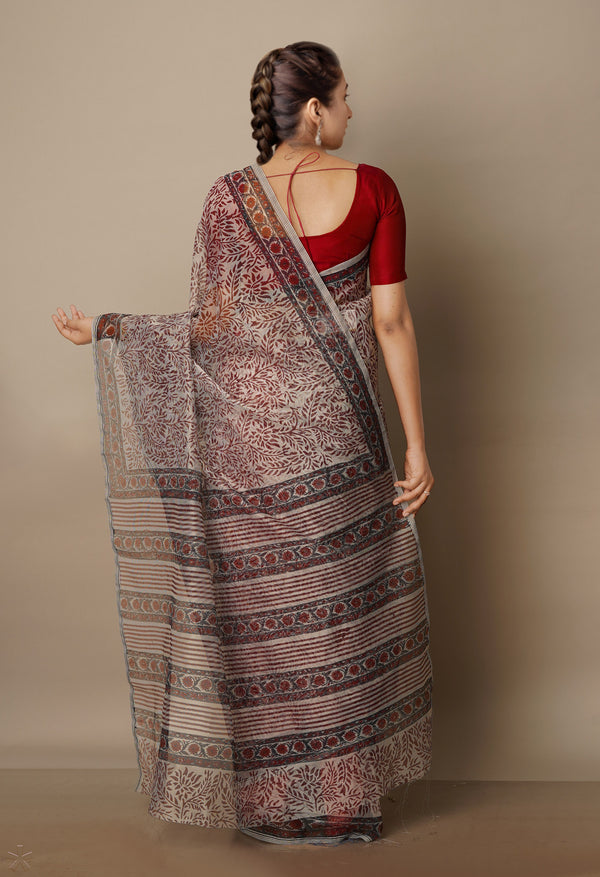 Beige Block Printed Meghalaya Supernet Saree With Pochampally Blouse Piece-UNM70646