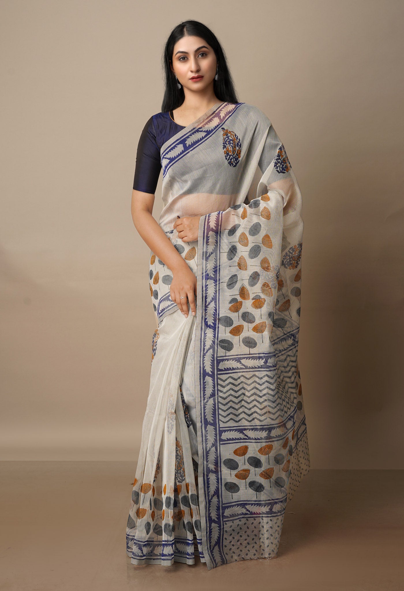 Cream Block Printed Meghalaya supernet Saree With Pochampally Blouse Piece-UNM70648
