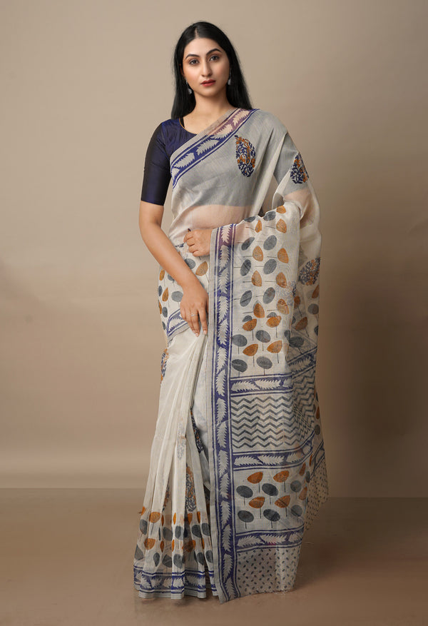 Cream Block Printed Meghalaya supernet Saree With Pochampally Blouse Piece-UNM70648