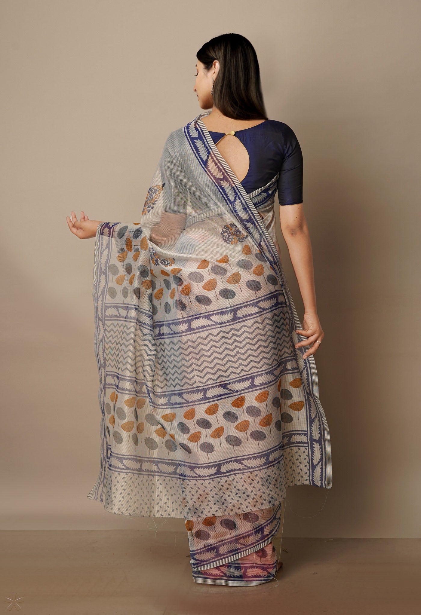 Cream Block Printed Meghalaya supernet Saree With Pochampally Blouse Piece-UNM70648