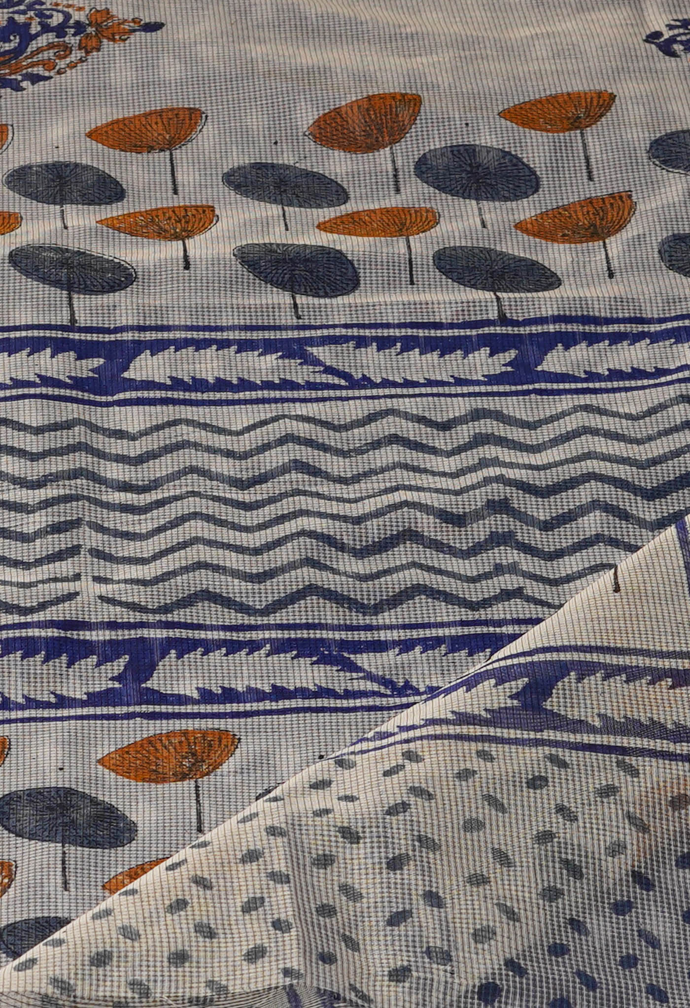 Cream Block Printed Meghalaya supernet Saree With Pochampally Blouse Piece-UNM70648