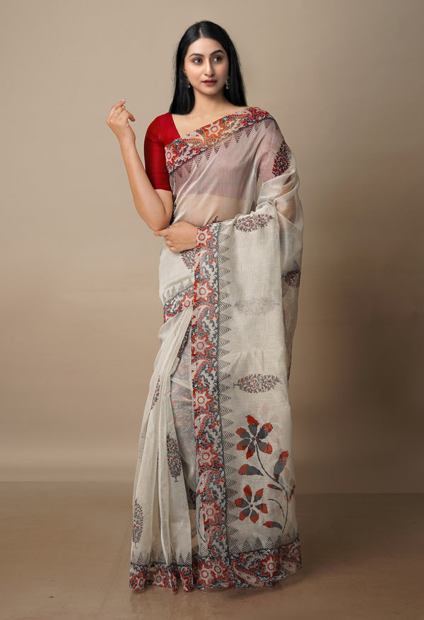 Pale Grey Block Printed Meghalaya Supernet Saree With Ajrakh Blouse Piece-UNM70650