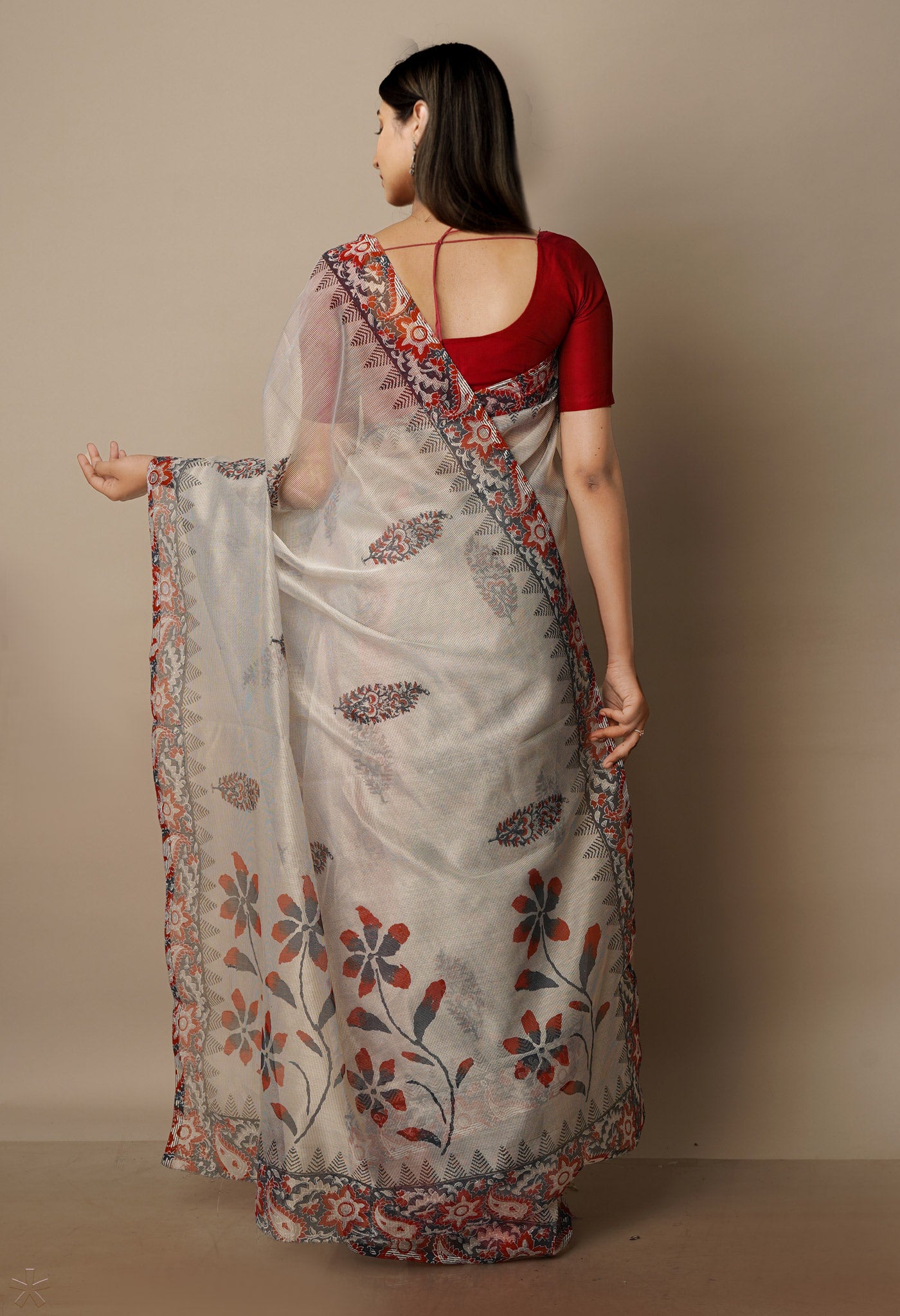 Pale Grey Block Printed Meghalaya Supernet Saree With Ajrakh Blouse Piece-UNM70650