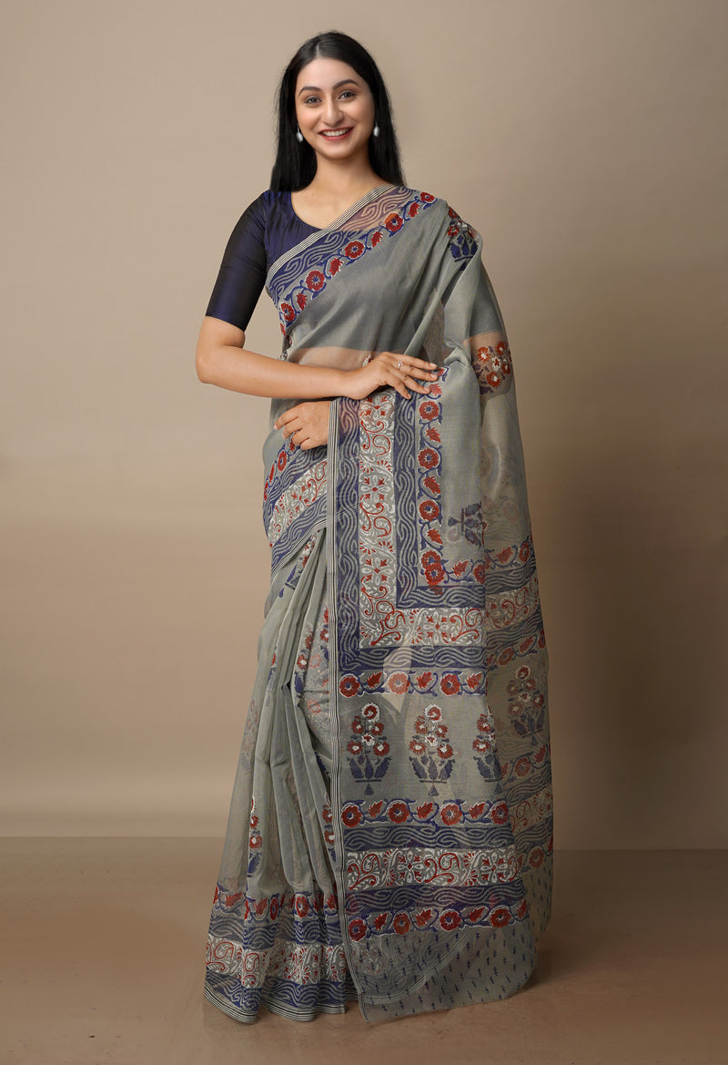 Grey Block Printed Meghalaya  Cotton Silk Saree With Ajrakh Blouse Piece-UNM70654