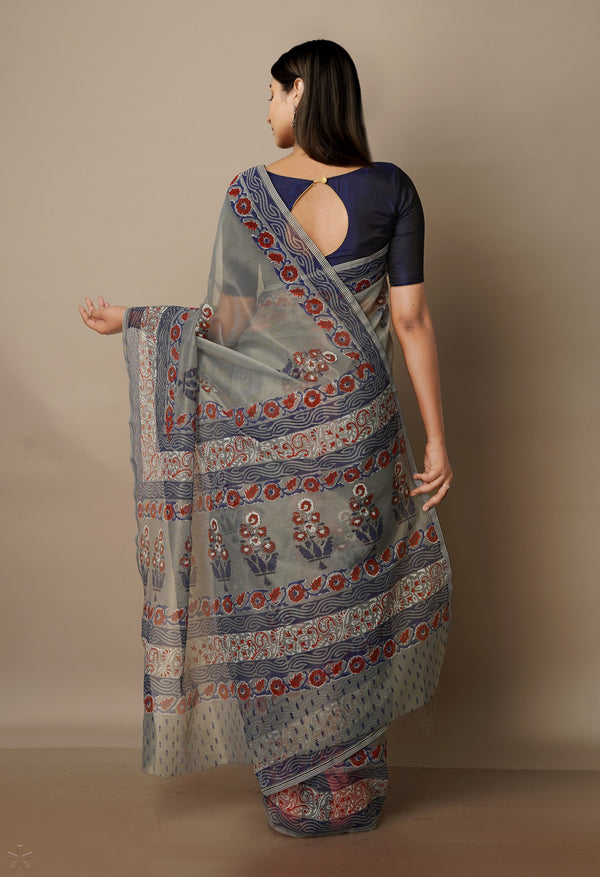 Grey Block Printed Meghalaya  Cotton Silk Saree With Ajrakh Blouse Piece-UNM70654