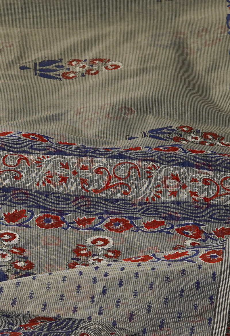 Grey Block Printed Meghalaya  Cotton Silk Saree With Ajrakh Blouse Piece-UNM70654