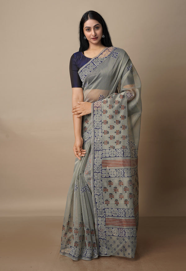 Grey Block Printed Meghalaya Supernet Saree With Ajrakh Blouse Piece-UNM70655