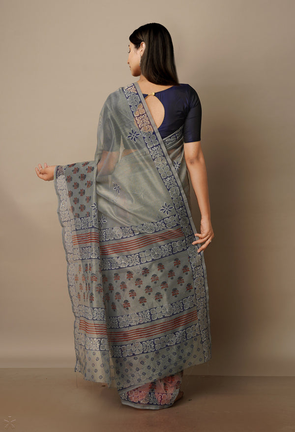 Grey Block Printed Meghalaya Supernet Saree With Ajrakh Blouse Piece-UNM70655