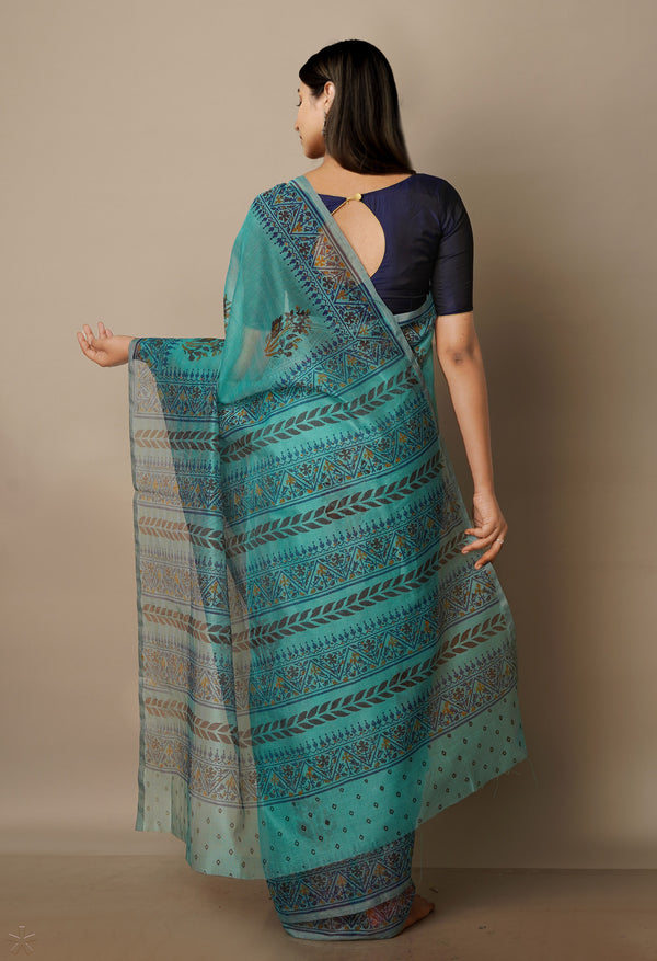 Tiffany Blue  Banarasi Block Printed Meghalaya  Cotton Silk Saree With Kalamkari Blouse Piece-UNM70658