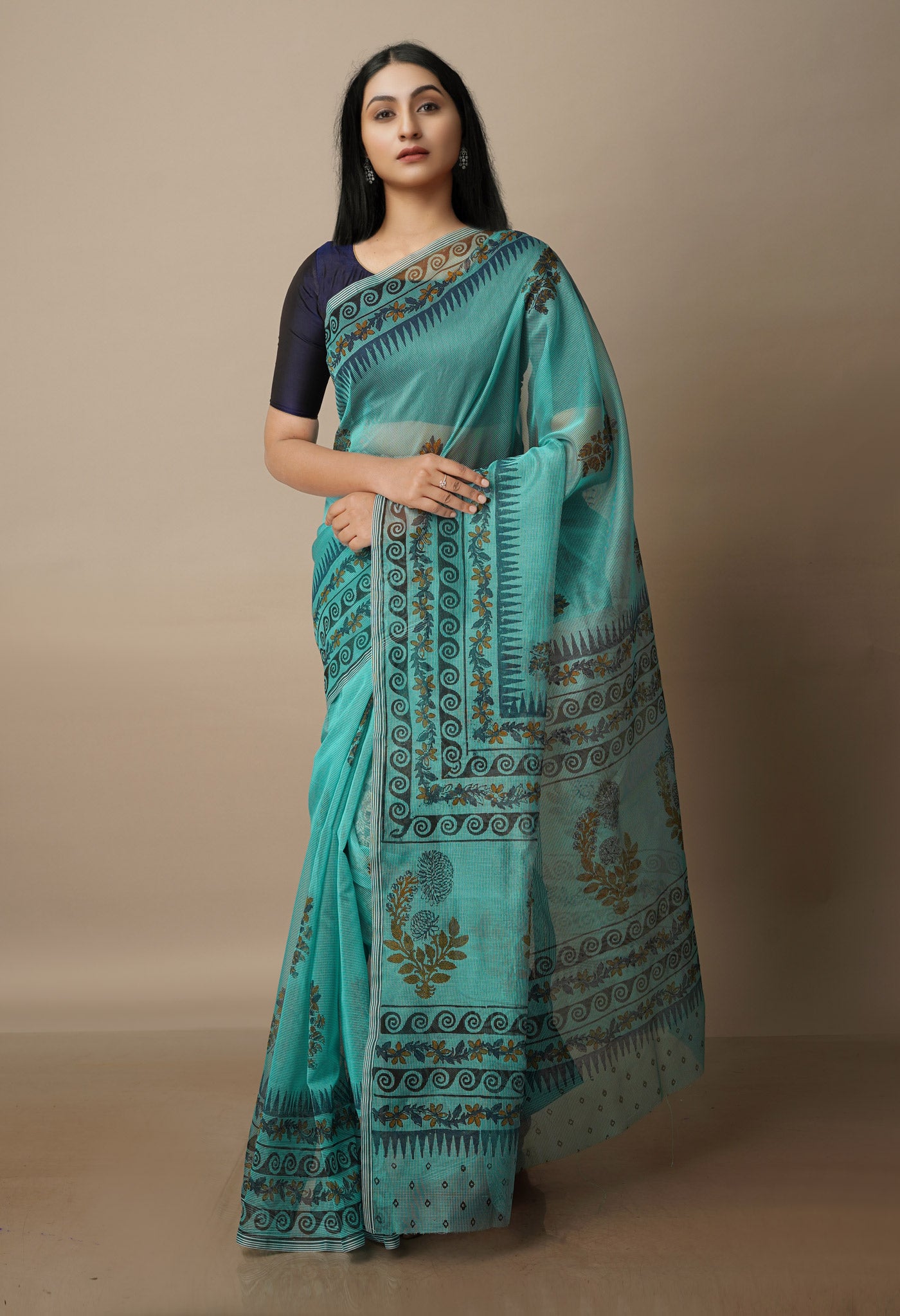 Tiffany Blue Block Printed Meghalaya Supernet Saree With Kalamkari Blouse Piece-UNM70659