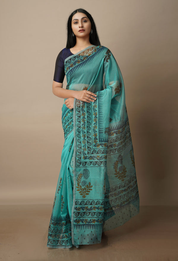 Tiffany Blue Block Printed Meghalaya Supernet Saree With Kalamkari Blouse Piece-UNM70659