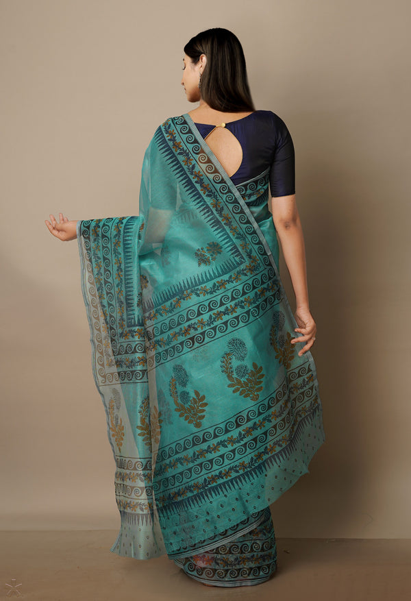 Tiffany Blue Block Printed Meghalaya Supernet Saree With Kalamkari Blouse Piece-UNM70659
