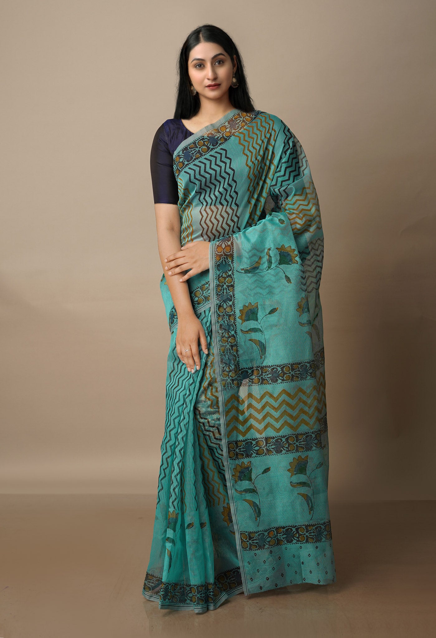 Tiffany Blue Block Printed Meghalaya Supernet Saree With Kalamkari Blouse Piece-UNM70660